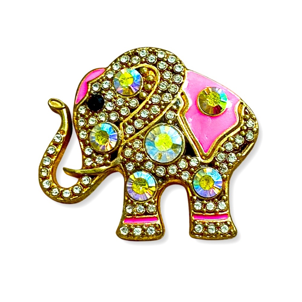 VINTAGE Elephant Brooch Pin Pink Enamel & Aurora Borealis and Clear Rhinestones